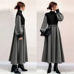 送料無料 ニットワンピース 未使用 オシャレ ニットワンピース ロング 秋冬 ニットワンピース パフスリーブセーター Aラインスカート ゆったり 韓国風 大人 上品