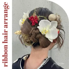 【リボンカチモリ】金箔付ヘッドドレス❤︎水引×胡蝶蘭×ホワイトレッド　成人式結婚式髪飾り卒業式袴