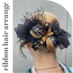 【リボンカチモリ】銀箔付シルバーボールチェーン× ブラックリボン×オーガンジー　髪飾り卒業式袴