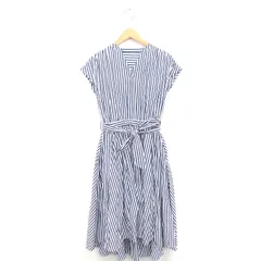 アンディコール un dix cors ワンピース ストライプ ロング ウエストリボン フレア フレンチスリーブ F ホワイト ネイビー 白 紺 /TT