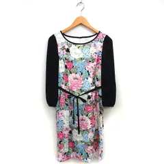 ミスジェイ MISS J フラワープリント フレア ワンピース ひざ丈 リボン ボートネック 長袖 38 アイボリー /NT26