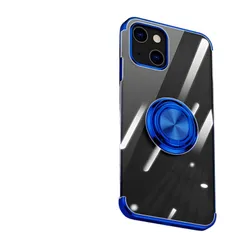 多機能360度回転スタンド ワイヤレス充電用 透明 リング付 スマホケース TPU 縦横両用 耐衝撃 カメラレンズ保護 車載ホルダー用 ケース iphone13用 ケース 用 クリア メッキ加工 iPhone13 ブルー 互換性あり