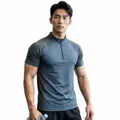 [Coup de Coeur！] スポーツ Tシャツ メンズ ハーフジップ 半袖 トレーニングウェア 接触冷感 吸汗速乾 4WAYストレッチ 立ち襟 ジム ランニング フィットネス 筋トレ (JP, アルファベット, L, ブルー) [ブルー] [L]