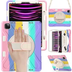 対応 iPad Air 13インチ (M3/M2)/Pro 12.9インチ (第6/5/4世代) ケース 360度回転スタンド 調節可能ハンドストラップと肩掛けー付き 傷防止 防塵 衝撃保護 頑丈 丈夫 仕事用タブレットPCケース,虹色ピンク