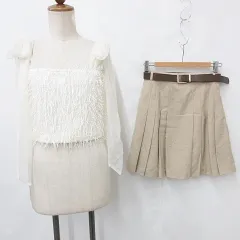 リリーブラウン Lily Brown ヴィオレッタ VIOLETTA プリーツスカート ビスチェ 2枚セット ひざ丈 インパンツ ベルト フリンジ チュールリボン ベージュ アイボリー1 F