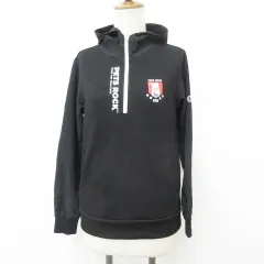 ペッツロック PETS ROCK × レディーガガ パーカ プルオーバー 長袖 ハーフジップ フード 別布 切替 プリント ビジュー 黒 ブラック S