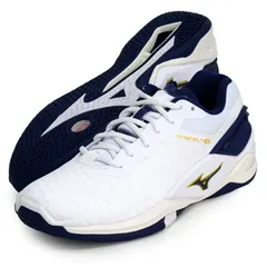 MIZUNO(ミズノ) ユニセックス大人 ウエーブステルス NEO 部活 屋内 幅広 軽量 インドアハンドボールシューズ 25.5cm 2E ホワイト/ネイビー/ゴールドのサムネイル