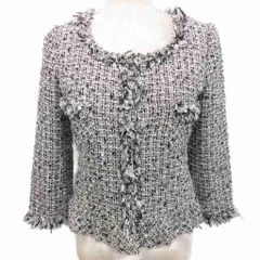 エムプルミエ ブラック M-Premier BLACK 美品 ツイードジャケット パールビジュー ノーカラー フリンジ ショート丈 7分袖 36 約S 白黒 ホワイト ブラック ■YHS4 1002