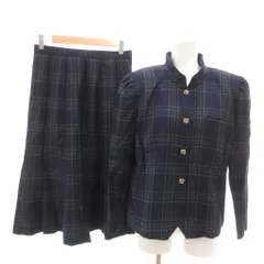 レリアン Leilian セットアップ ジャケット プリーツスカート ウール 9 青 ブルー 緑 グリーン タータンチェック /YJ ■YHS15