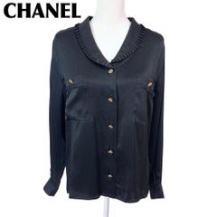 美品】CHANEL シルクブラウス 38 ゴールドココマークボタン ブラック 