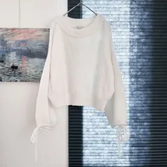 F【超美品  | アースミュージックアンドエコロジー 】ザク編みバルーン袖リボンふわふわホワイトニットセーター 長袖 T468