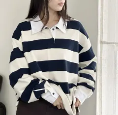 カラーネック ストライプ ラグビー 長袖 Tシャツ