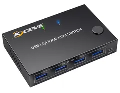 KCEVE 4K@60Hz HDMI KVMスイッチ 2入力1出力 EDIDエミュレーション、KVM切替器 PC切替器、キーボード、マウス、モニターを共有 USB3.0ポート×4