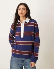 エイソス レディース トップス Tシャツ ASOS DESIGN oversized rugby shirt burgundy stripe Navy stripe ネイビー