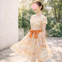 M 美品 エムズグレイシー 花柄ワンピース リボンベルト キャップスリーブ Aライン ロング オレンジ ' GRACY レディース B1311