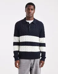 オンリーアンドサンズ メンズ トップス ポロシャツ ニット ONLY SONS cable knit polo white stripe Dark Navy ネイビー