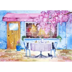 BLUEMOさま専用（原画）桜が見えるカフェ【2Lサイズ／水彩画／#3076】