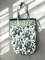 ANOKHI新作巾着型マチ有エコバッグ／Blue花柄