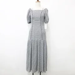 スナイデル SNIDEL ワンピース ロング 半袖 スクエアネック チェック 切替 ギャザー 黒 白 ブラック ホワイト F