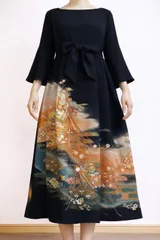 着物リメイク ワンピース 黒留袖 落款 作家物 正絹 鴛鴦