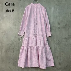 美品 Cara カーラ ピンク ストライプ柄 バンドカラー シャツワンピース ロング ティアード 2段切り替え キャンディスリーブ 袖リボン 隠しボタン フリル 2301-0003OP ポリエステル KTR-145 ドリーミーライオン株式会社 ★ ■◇