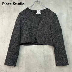 美品 Place Studio プレイススタジオ ノーカラー ショート ジャケット テンセル レーヨン ダークグレー系 ツイード風 クロップド丈 ボレロ アウター 羽織り 上着 フォーマル セレモニー 結婚式 パーティー 冠婚葬祭 ★ ■◇