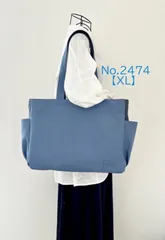【XLサイズ】〈底板付き〉ブルーグレー系　8号倉敷帆布使用　サイドポケット　大きめトートバッグ　底板付き　肩掛けバッグ　akaneko