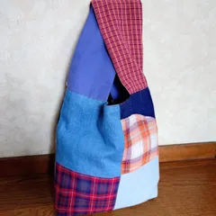 139★USEDデニムシャツリメイク★サブバッグ★コンビニバック★便利バッグ★パッチワーク★