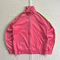 〜00s　archive　古着　RALPH LAUREN　ラルフローレン　ベロア　ポニーロゴ刺繍　フルジップアップ　トラックジャケット　短丈ブルゾン　ピンク×ライムグリーン　一点物　平成レトロ　Y2K　ギャル　velor zip-up track jacket