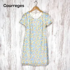 Courreges クレージュ 花柄 ボーダー 総柄 ジャガード 半袖 ワンピース ブルー レディース