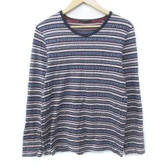 ムッシュニコル monsieur NICOLE カットソー Tシャツ 長袖 ラウンドネック マルチボーダー柄 総柄 48 M 白 紺 ホワイト ネイビー /FF37のサムネイル