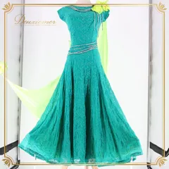 社交ダンス 衣装 ROBINHOOD ロビンフッド スタンダードドレス ワンピース ドレス スタンダード 緑 青緑 黄緑 蛍光 フロート レース デモ 競技 ダンス パーティ 発表会 花 上品 綺麗 グリーン系 イエロー系 かわいい