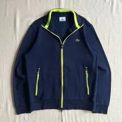 90s　vintage　ヴィンテージ古着　OLD LACOSTE　オールドラコステ　ワンポイントワニロゴ刺繍　Wジップアップ　トラックジャケット　襟付き　ハイネックジャージ　ネイビー　ネオンイエローライン　S相当　Y2K　C-BOY　track jacket