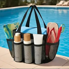 ☆サマーバック　多用途 大容量 メッシュ シャワー トート/ビーチバッグ － 速乾 ハンギング オーガナイザー 8ポケット付き ハンドル付き 事務、ビーチ、両、旅行に最適　 ポータブル バスルーム トートバッグ☆新生活応援キャンペーン半額ブラック