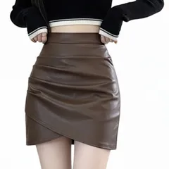 [ReiLuana] ミニ スカート タイト ハイウエスト シャーリング スリット 無地 フェイク レザー セクシー (JP, アルファベット, M, ブラウン) [ブラウン] [M]