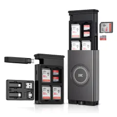 JJC 高速カードリーダー機能付きメモリーカードケース 24 スロット SD MicroSD TF カード 収納ケース Type-C 充電ケーブルカード Type-C to ライトニング Micro USB Type-A OTG 変換アダプター 高速 ...