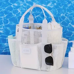 ☆サマーバック　多用途 大容量 メッシュ シャワー トート/ビーチバッグ - 速乾 ハンギング オーガナイザー 8ポケット付き ハンドル付き ジム、ビーチ、寮、旅行に最適 | ポータブル バスルーム トートバッグ☆新生活応援キャンペーン半額 ホワイト