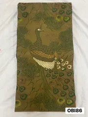 【帯】丸帯　全通柄　正絹　アンティーク　アンティーク帯　孔雀　カーキ色　刺繍　着物　和装　OBI86