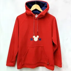 Disney ディズニー ミッキー フリース パーカー レディースM レッド 赤 刺繍 ロゴ 古着 トップス プルオーバー 暖かい 防寒 カジュアル 部屋着 秋冬 人気 キャラクター ゆるだぼ 可愛い フーディー