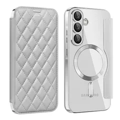 【新品】 ケース Galaxy A36 手帳型 ひし形模様レザー 透明 メッキフレーム レンズ強化ガラス保護膜 カード収納 豪華 おしゃれ 磁気吸着リング クラシック ワイヤレス充電 人気 全面保護 カバー 超薄型PC 軽量 個性 ユニーク ビジネス 多色 女