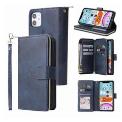 【新品】 iPhone ケース スマホ 手帳型 ケース 財布 一体型 取り外し可 軽量 薄型 マグネット カード収納 横置きスタンド レザー ストラップ付き 互換性 1コ (ブルー, iPhone 11) 0