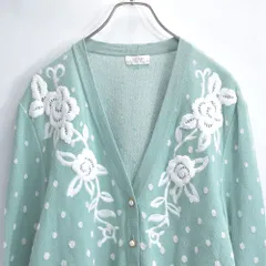 90s〜 LINEAR ドットジャガード フラワーレース 刺繍 装飾 デザイン Vネック ニット カーディガン ミントグリーン ジャパンヴィンテージ ビンテージ 古着 レディースL相当