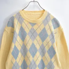 Used アーガイルチェック コットン クルーネック ニット セーター プルオーバー ペールイエロー ヴィンテージ ビンテージ 古着 メンズL相当