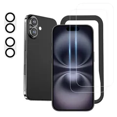 用 Plus 強化ガラス 保護フィルム (2枚)iPhone16 ガイド枠付き カメラフィルム カメラ保護 レンズカバー + 硬度9H (2枚) 耐衝撃 指紋防止 ガラスフィルム アイフォン16Plus（6.7インチ）対応 NIMASO DFP24G1385