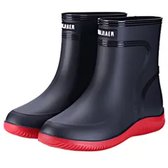 [CALM.st] メンズ レイン シューズ 防水 雨 園芸 農業 通勤 ショート丈 長靴 釣り 通学 梅雨 学校 無地 シンプル ゆったり 滑らない 通気 性 軽い 脱げにくい れいん しゅーず 共用 雨靴 あまぐつ  [ブラックレッド] [26.5 cm]