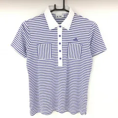 【美品】アディダス 半袖ポロシャツ 白×パープル ボーダー 総柄 胸ポケット レディース L/G ゴルフウェア adidas