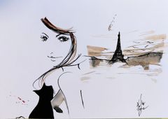 原画#367 黒猫 猫 ベネチア イタリア 水彩画 ドローイング インテリア