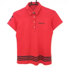 【美品】アディダス 半袖ポロシャツ レッド×黒 ロゴプリント 襟裏千鳥柄 裾3ライン レディース S/P ゴルフウェア adidas