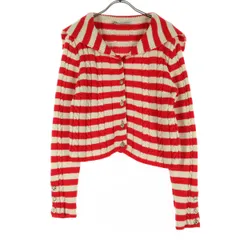 美品 ZARA ザラ ボーダー柄 長袖 ニットカーディガン L レッド レディース 古着