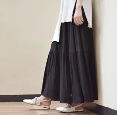 送料無料 綿麻風 ロングスカート ロング レディース ボトムス プリーツスカート プリーツ フレア スカート マキシ フレア フレアスカート ゴム 黒 Aライン